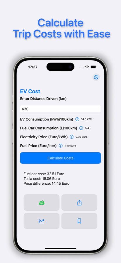 EV Cost calculator screen