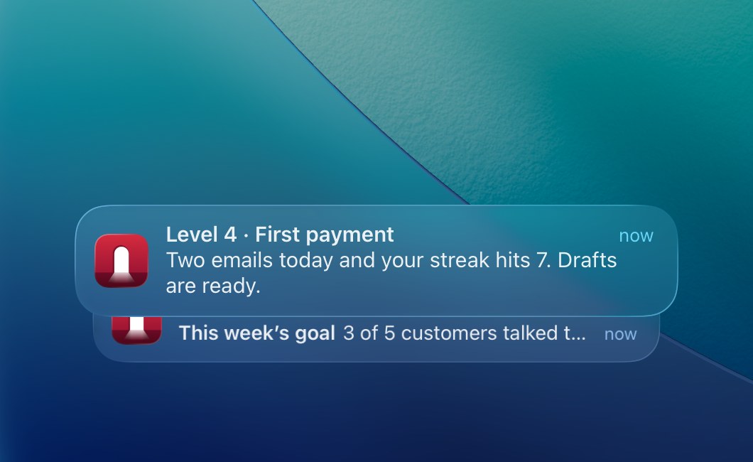 Lock screen notification from Headroom. Level 4 · First payment: Two emails today and your streak hits 7. Drafts are ready. Behind it: This week’s goal, 3 of 5 customers talked to.